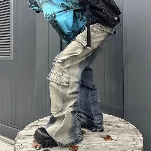 Jean Denim Unisex Multi-pockets Drawstring Jeans Streetwear