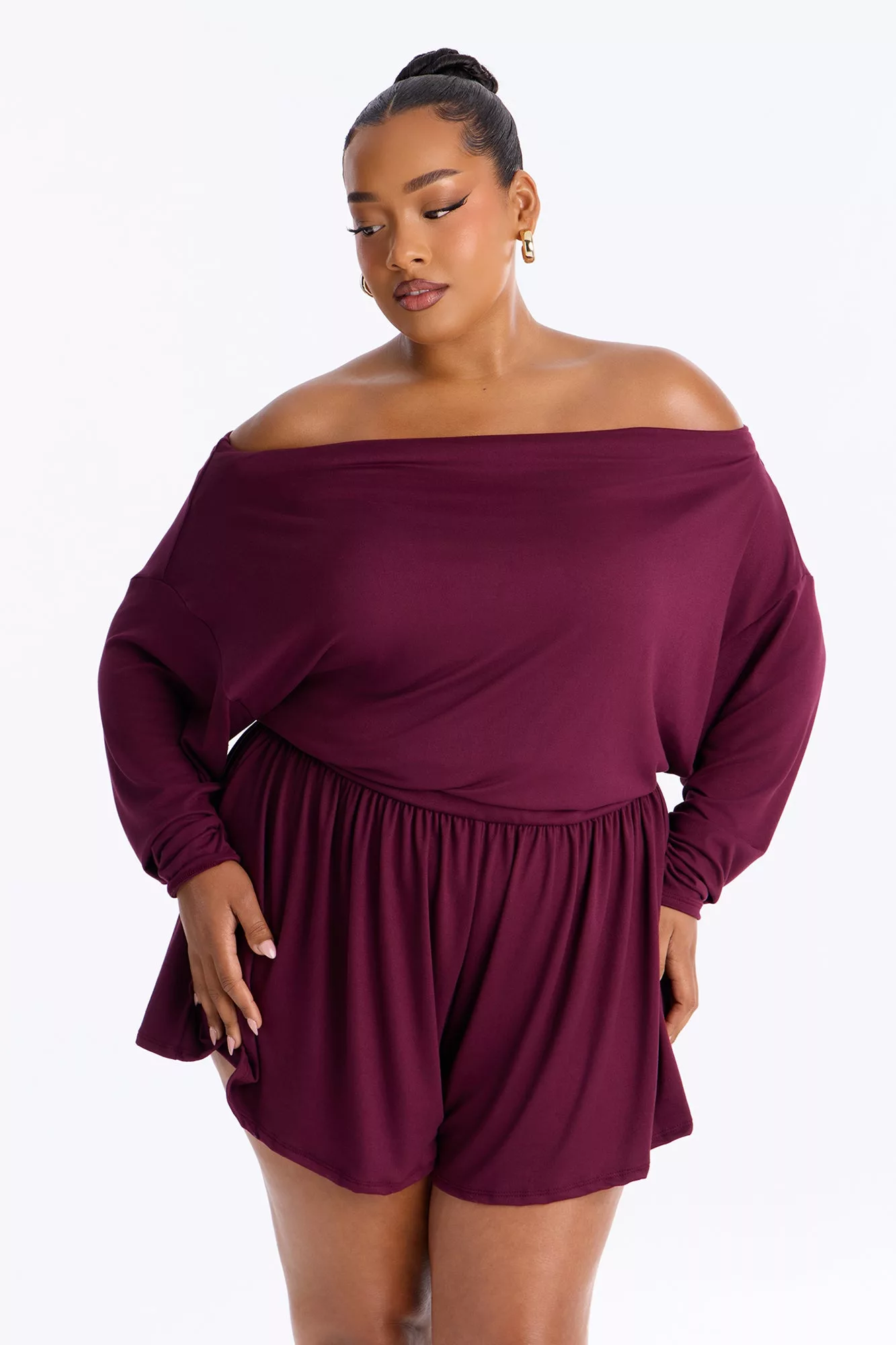 Amelia Off Shoulder Flowy Romper - Plum