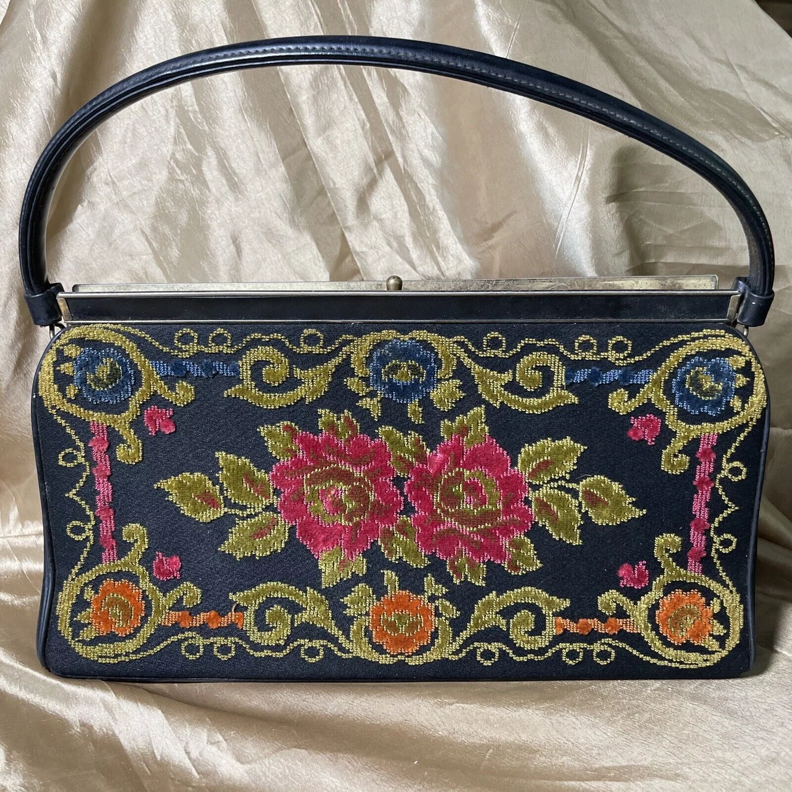 Other Shoulder Bags Other Vintage Needlepoint Embroidered Florals Top Handle Bag Black