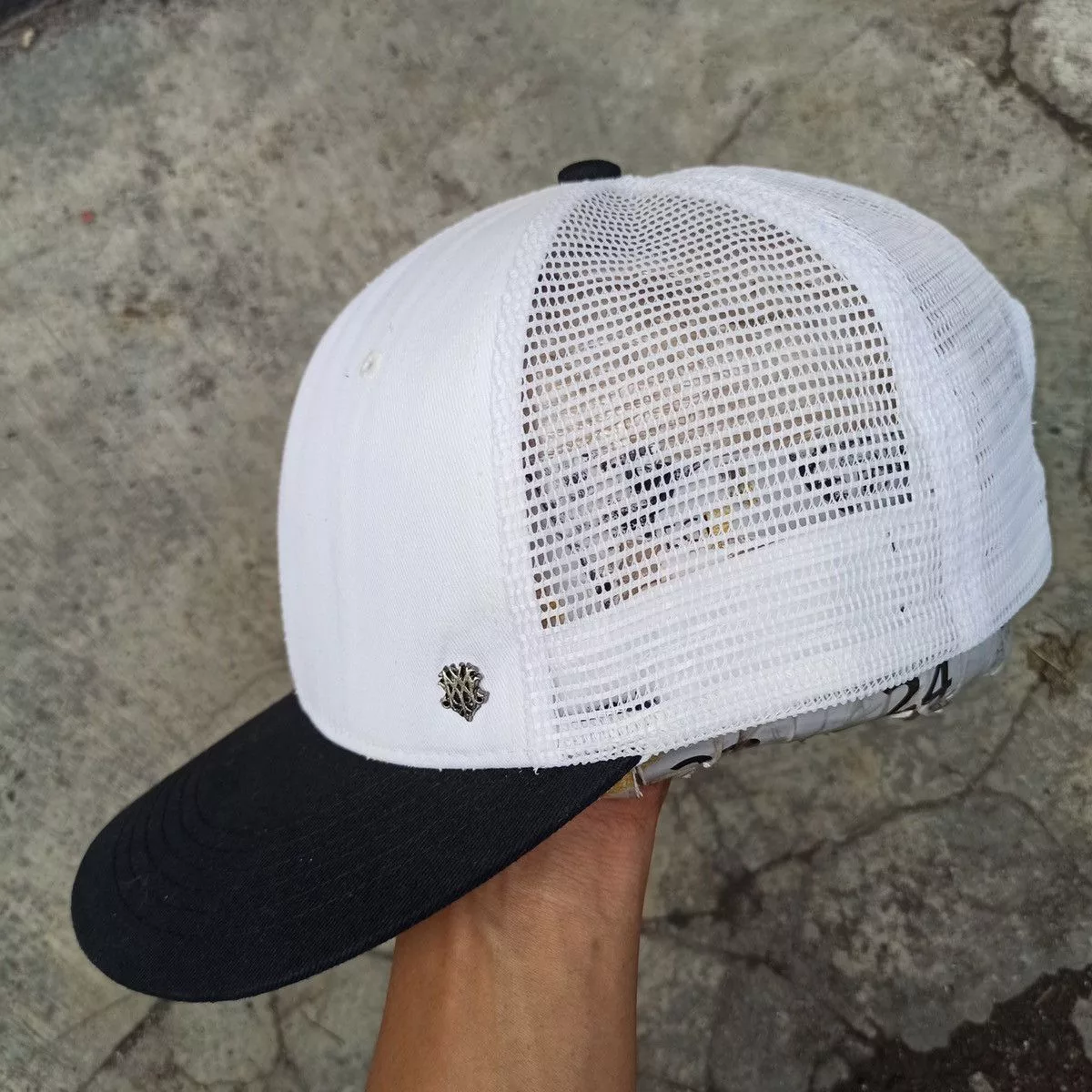 Unsound Rags Hats Unsound Rags SICK oversize trucker hat by mqum with gothic logo pin White Vintage