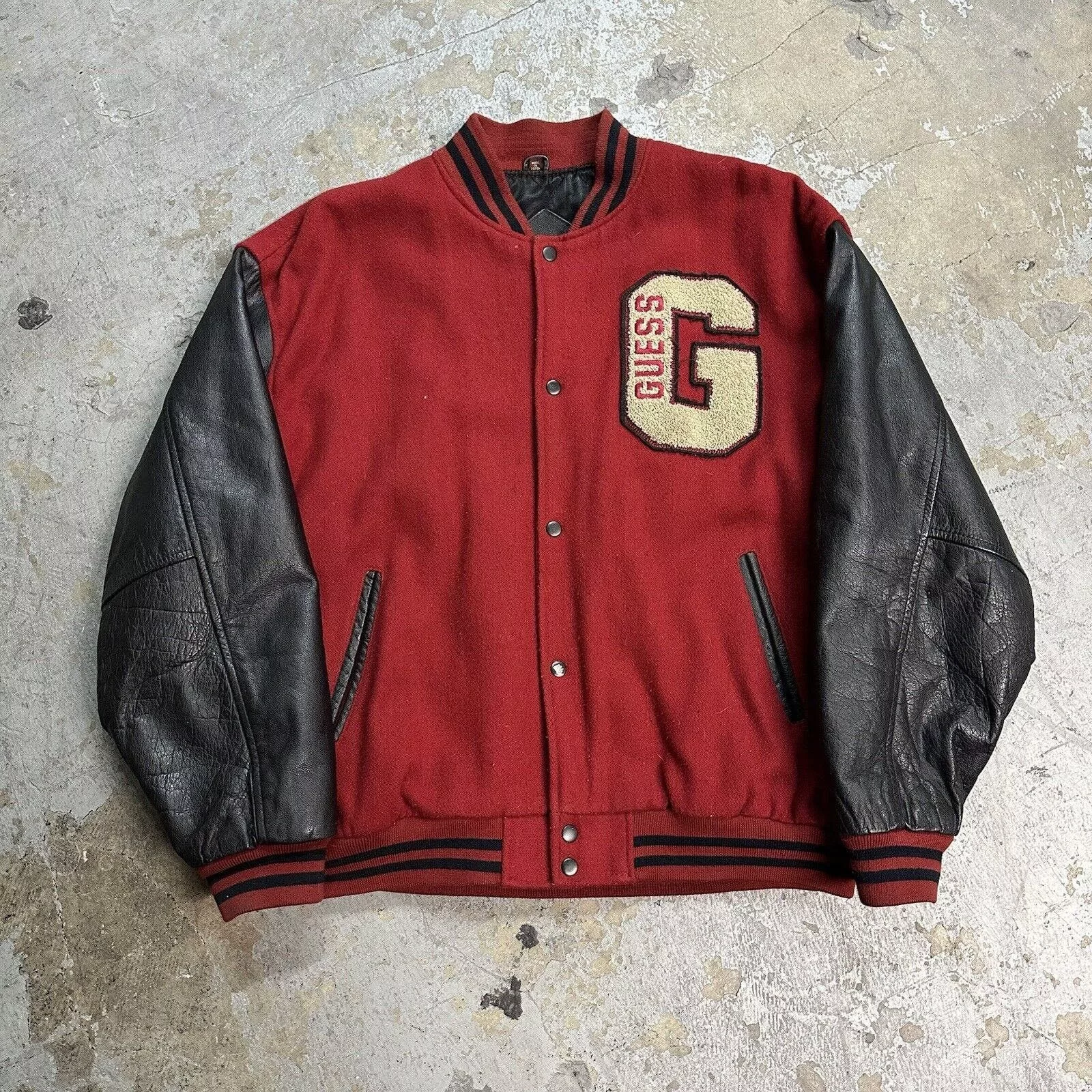 Guess Leather Jackets Guess × Vintage Vintage Guess Jeans Wool Leather Letterman Varsity Jacket XL Red