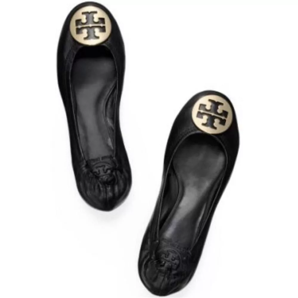 Tory Burch Flats Tory Burch Reva Black Leather Ballet Flats Silver Logo 8.5