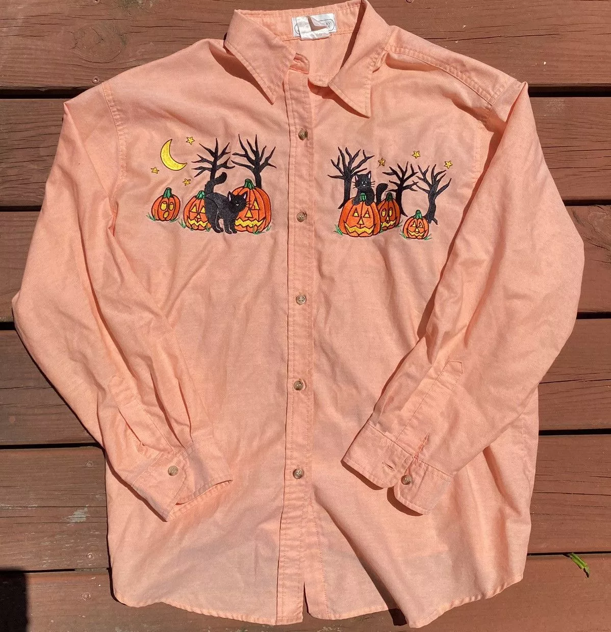 Vintage Shirts Button Ups Crazy vintage Halloween embroidered button up shirt Pink