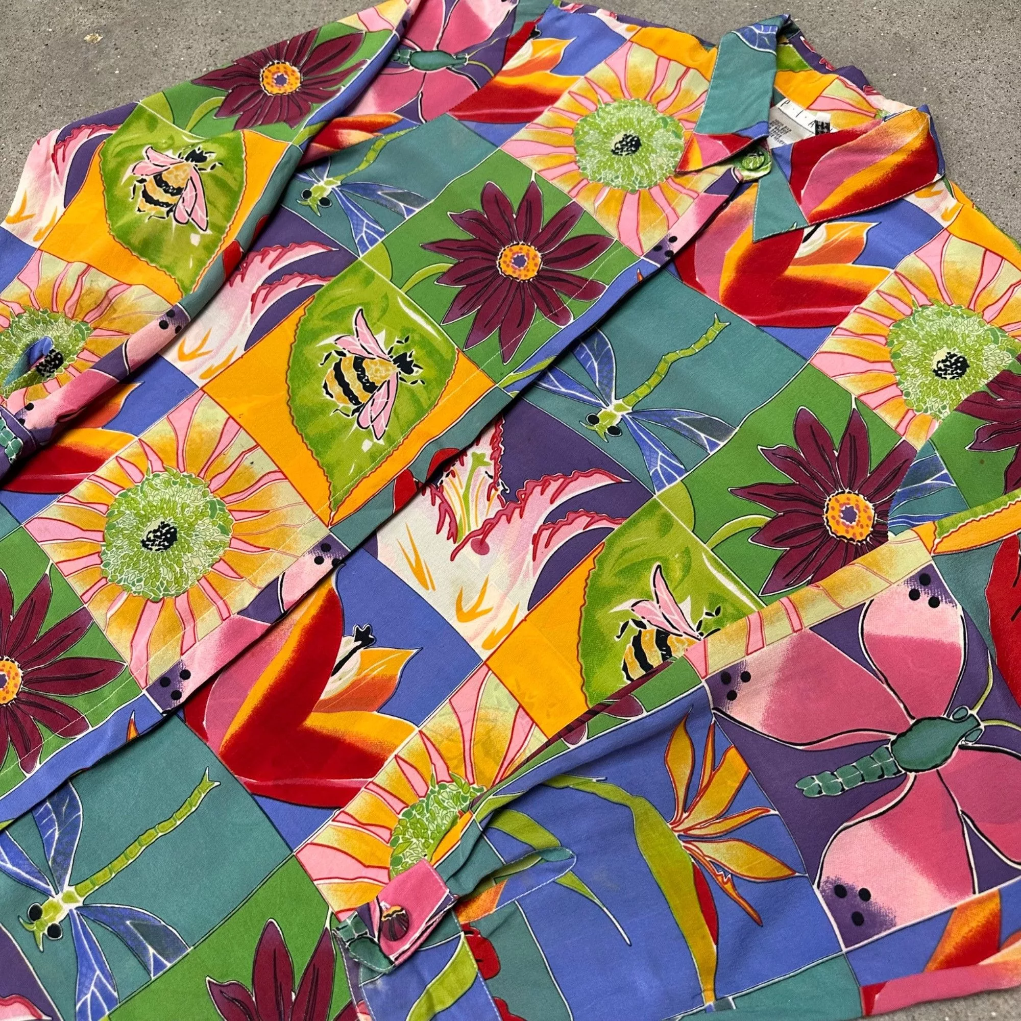 Vintage Shirts Button Ups Vintage Unique Silk Flower Patchwork Button Up Shirt Multi
