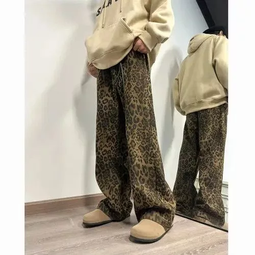 Jean Denim leopard print wide leg jeans Multi Avant-Garde