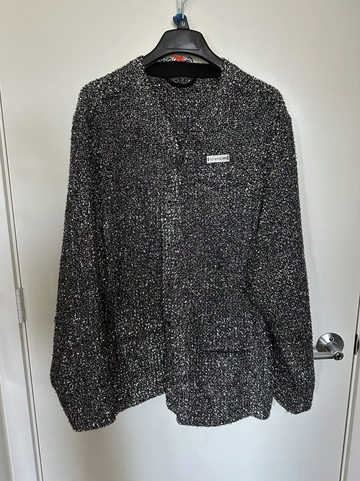 4SDESIGNS Sweaters Knitwear 4SDesigns Eyelash Tweed Metallic Cardigan Silver