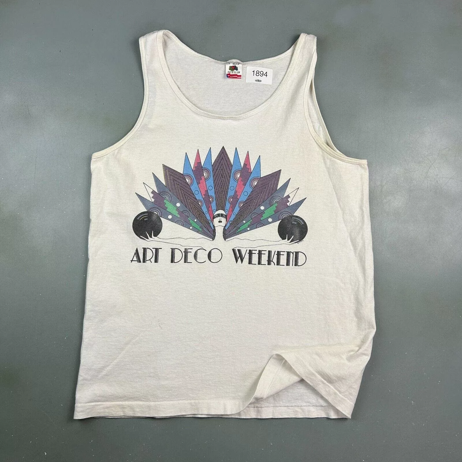 Fruit Of The Loom Short Sleeve T Shirts Fruit Of The Loom VINTAGE 90s | Art Deco Weekend Sleeveless Tank T-Shirt sz L White