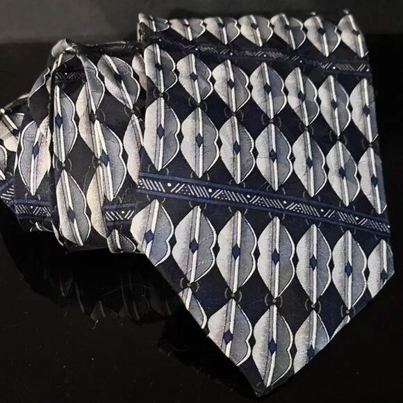 Pierre Balmain Ties Pocketsquares Pierre Balmain Blue Tie Gray Silk White Art Deco Mid Centur
