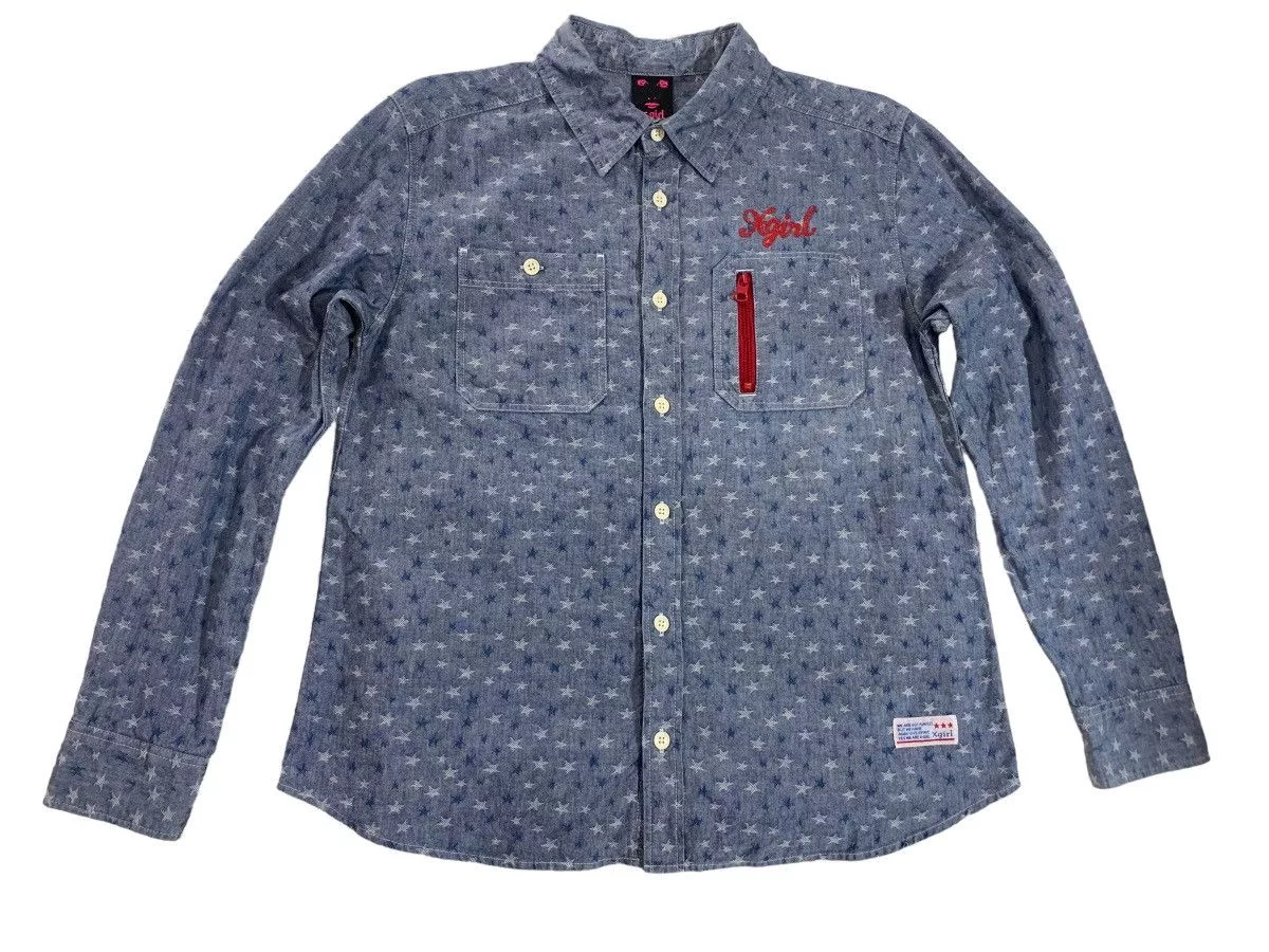 Designer Shirts Button Ups Designer × Japanese Brand X-GIRL JAPANESE BRAND SHIRT Blue Streetwear