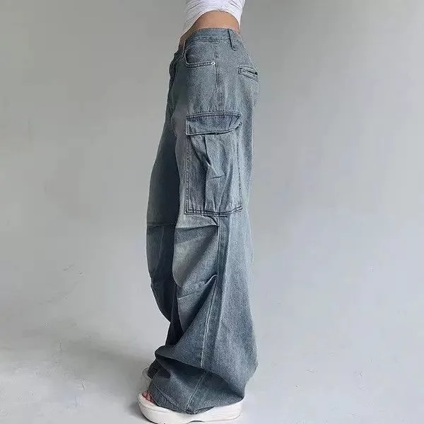 Jean Jeans Retro washed distressed cargo pocket wide leg jeans Blue Avant-Garde