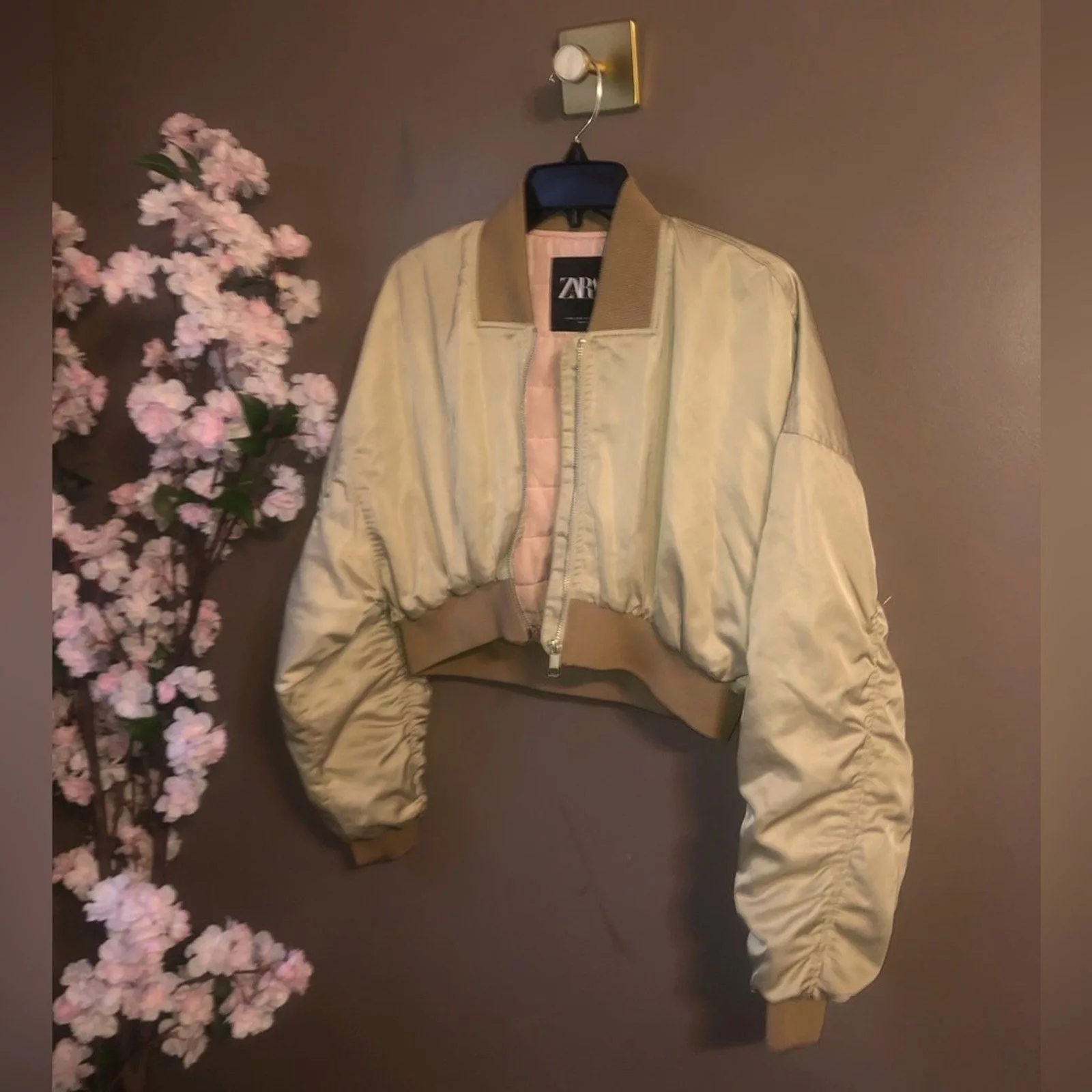 Zara Jackets Zara Cropped bomber jacket, Gold and pink, puffed sleeve.