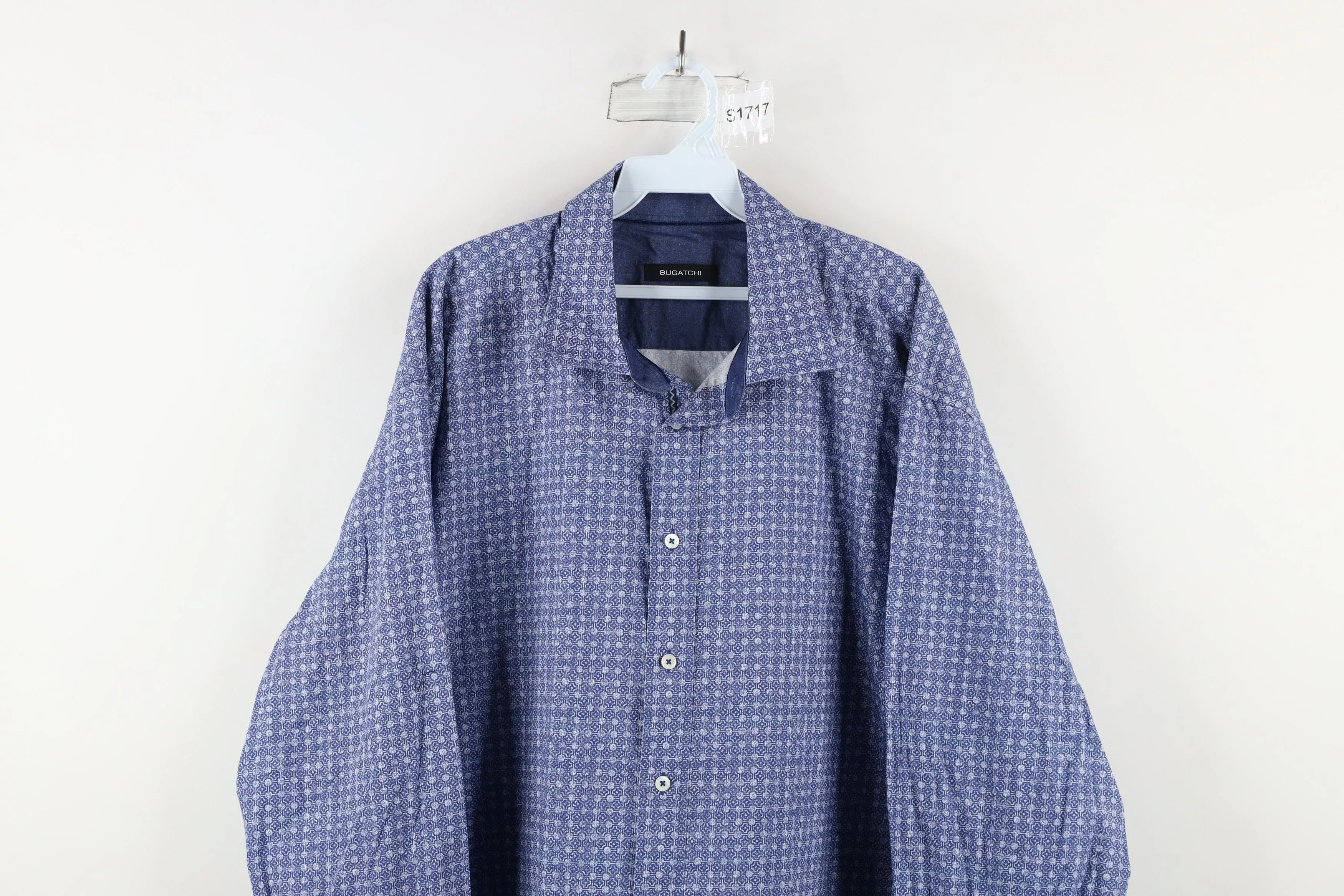 Vintage Shirts Button Ups Vintage Bugatchi Uomo Geometric Collared Button Shirt Blue Cotton