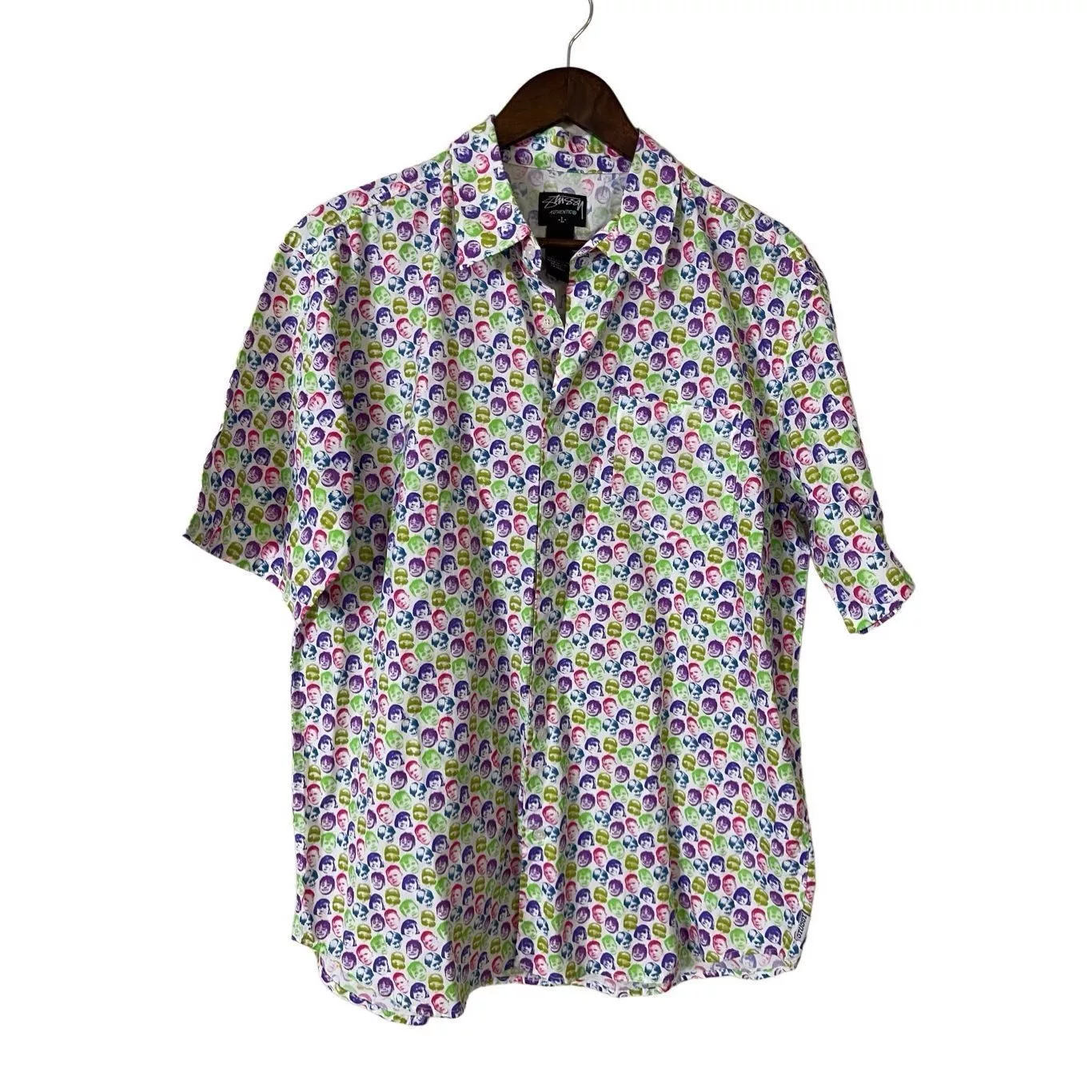 Stussy Shirts Button Ups Stussy Faces Print AOP Button Down Short Sleeve Shirt Men's Green