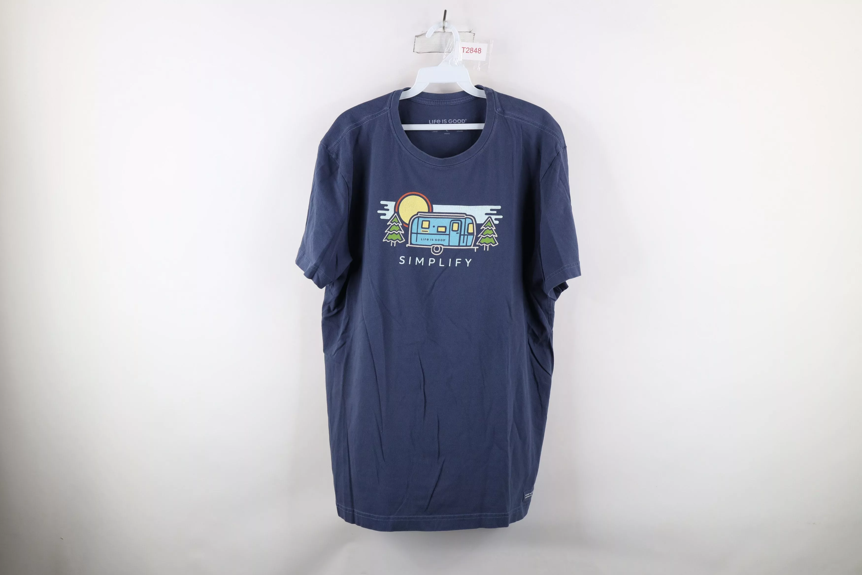 Life is Good Short Sleeve T Shirts Life is Good × Vintage Life Is Good Tee Spell Out Simplify Camping T-Shirt Blue