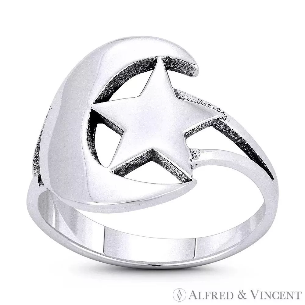 Other Rings Other Crescent Moon & Star Turkish & Islam Charm Ring Silver