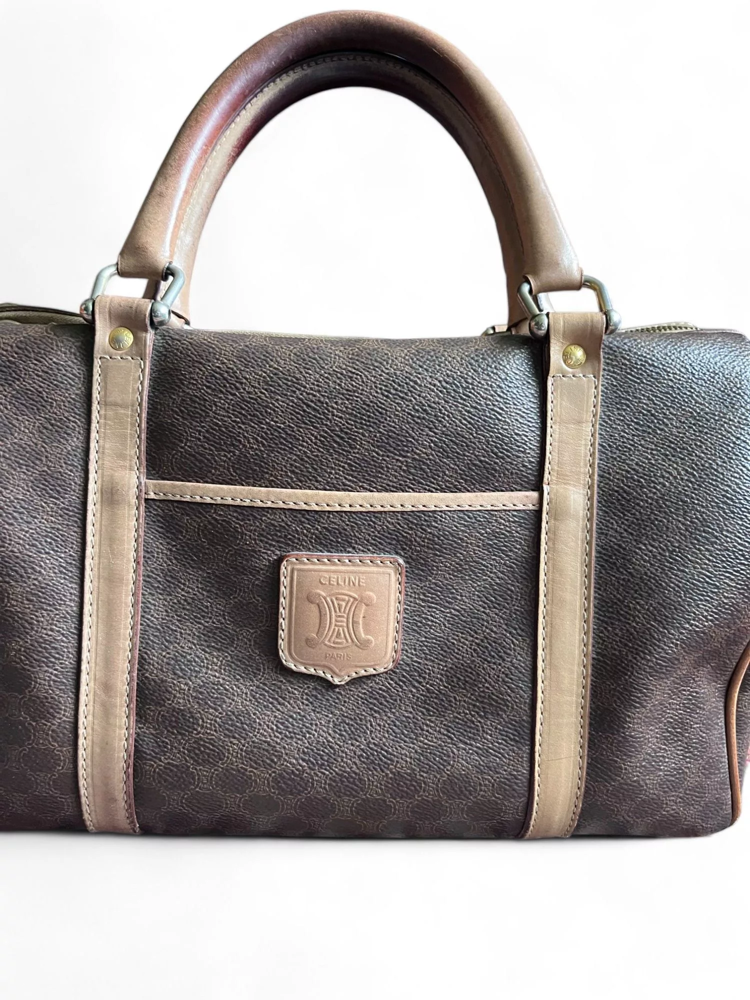 Celine Handle Bags Celine - Mini Boston Handbag Brown Beige Leather Monogram