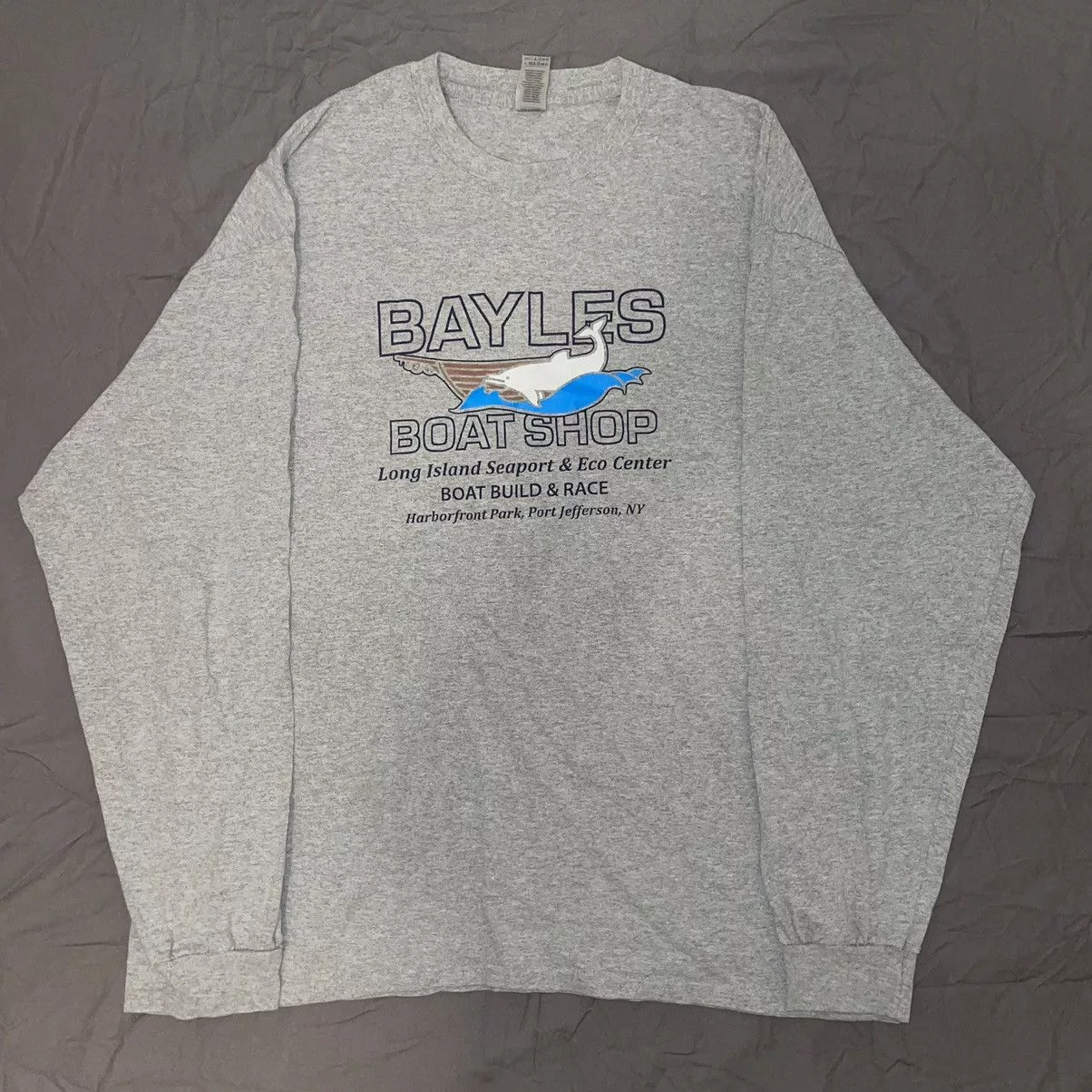 Gildan Long Sleeve T Shirts Gildan × Vintage Bayless Boat Shop Longsleeve T-Shirt Gray