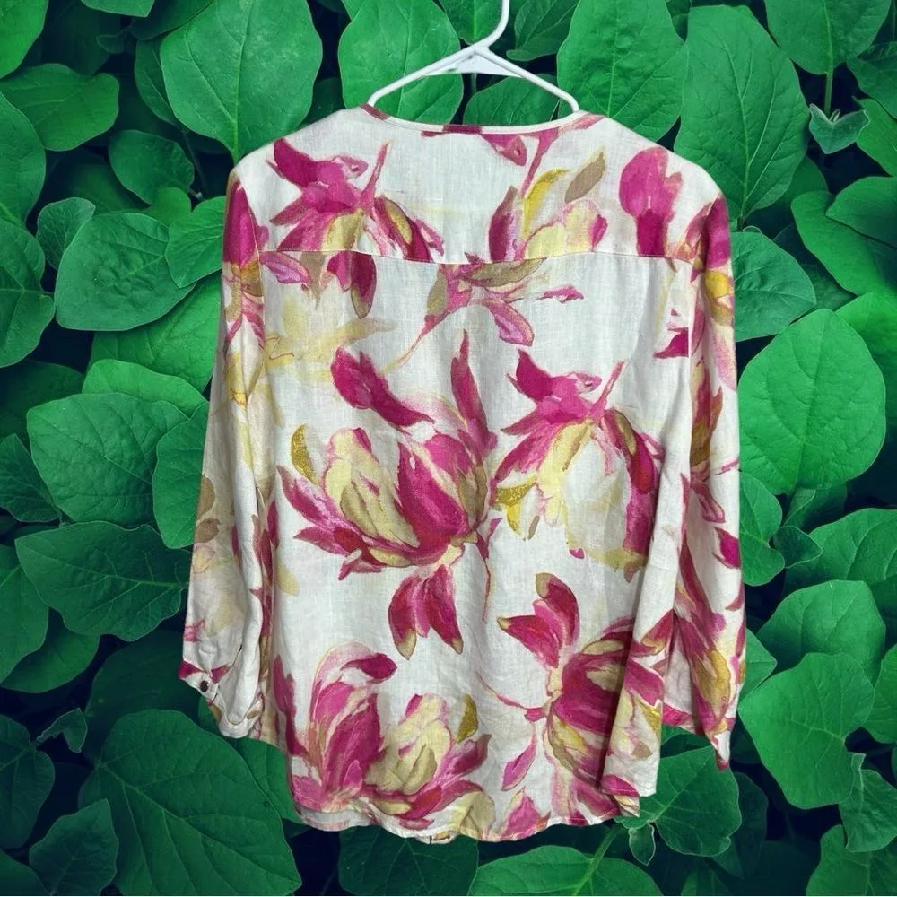 Other Button Ups Other JM Collection Button Front 100% Linen Floral Shirt Size 8 White