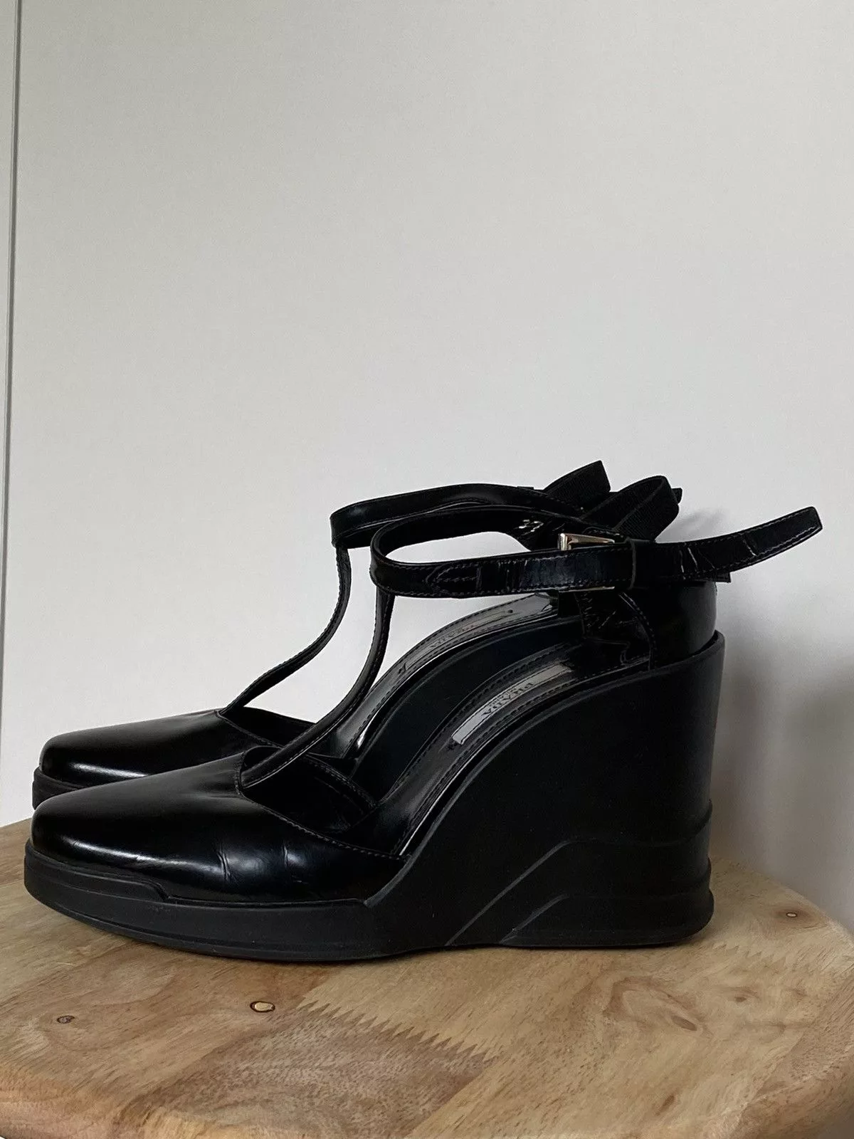 Designer Sandals Designer × Prada Prada Patent Leather T Strap Wedges Mary Jane Sandals A/W 14 Black Luxury