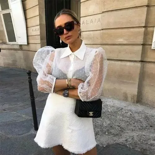Japanese Brand Blouses Japanese Brand × Vintage Hot Women Mesh Sheer Blouse See-through White Streetwear