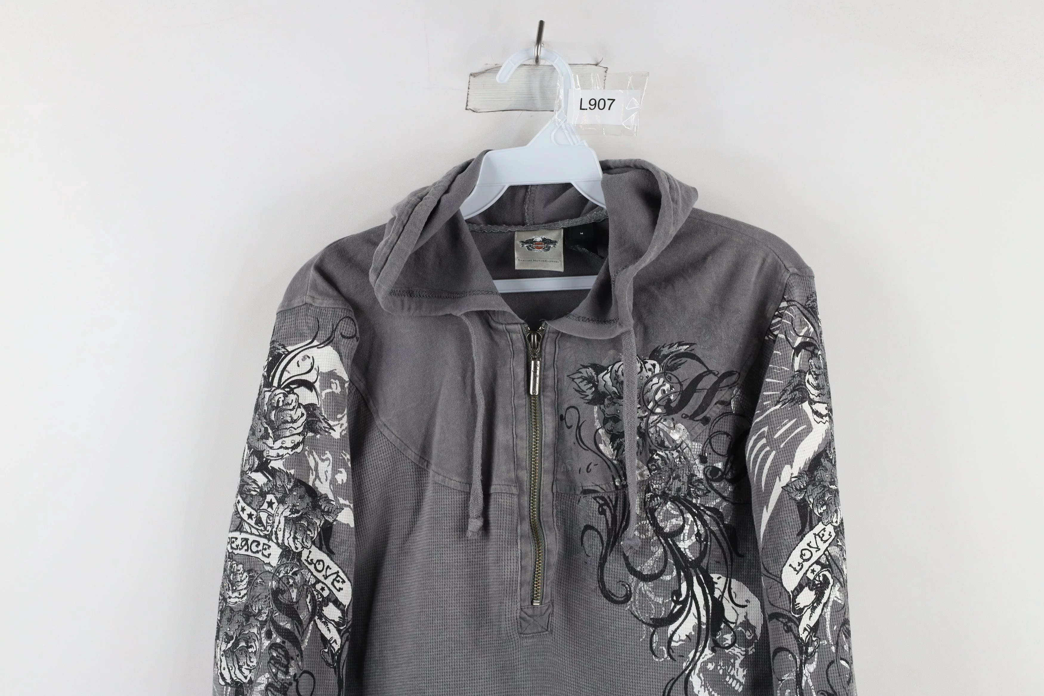 Harley Davidson Sweaters Harley Davidson × Vintage Vintage Harley Davidson Thermal Waffle Knit Half Zip Hoodie Gray