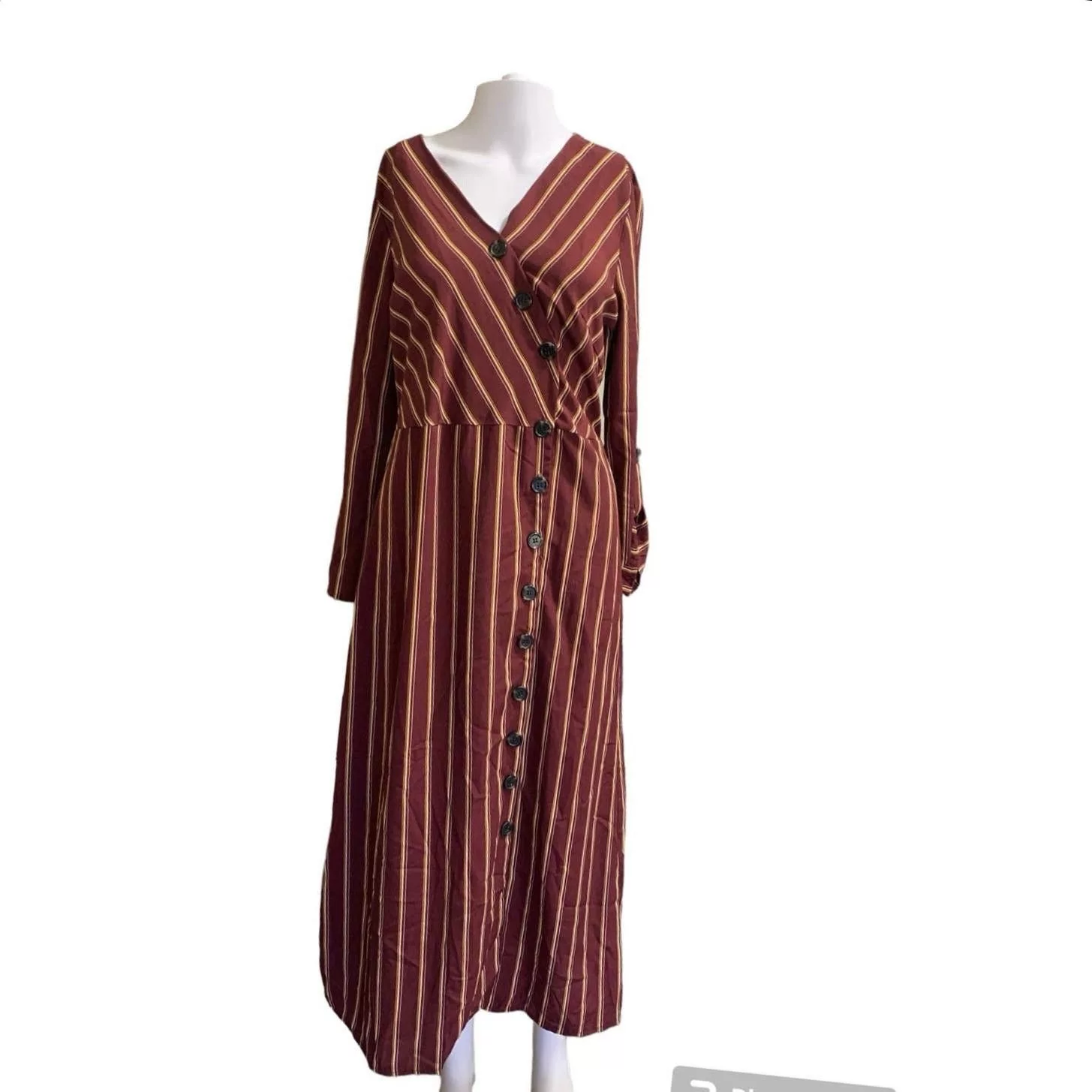 Other Maxi Dresses Other Sweet Claire Lrg Button Front Dress Burgundy Striped Tie NWT Red