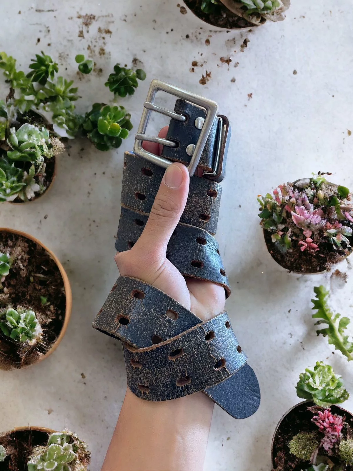 Leather Belts Leather × Vintage Vintage Distressed Grunge Styled Leather Belt Black Avant-Garde