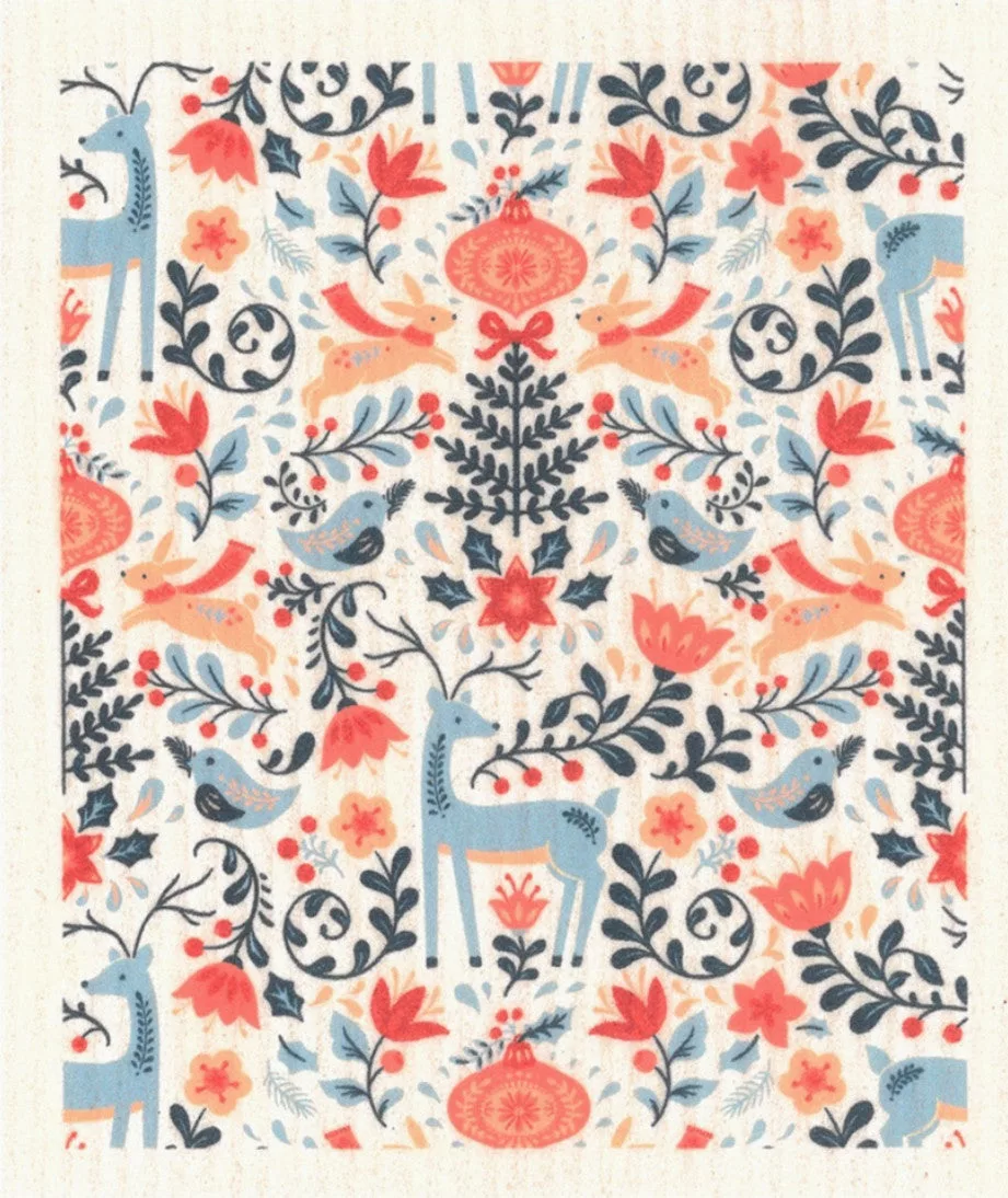 Blue Reindeer in Flowers Swedish Dishcloth
