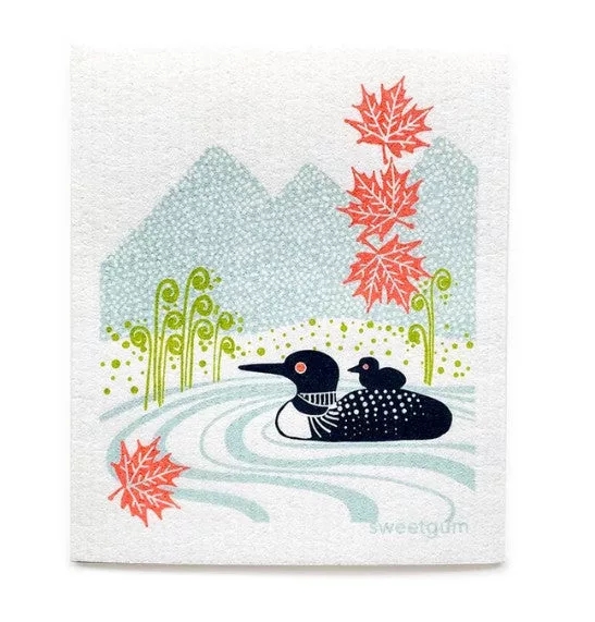 Loons and Leaves Swedish Dishcloth