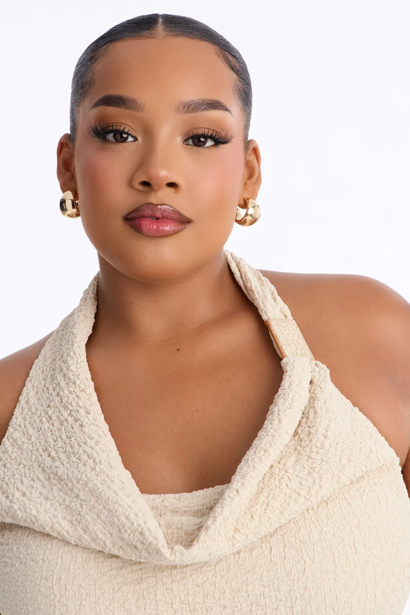 Sunny Textured Cowl Neck Hardware Halter Top - Sand
