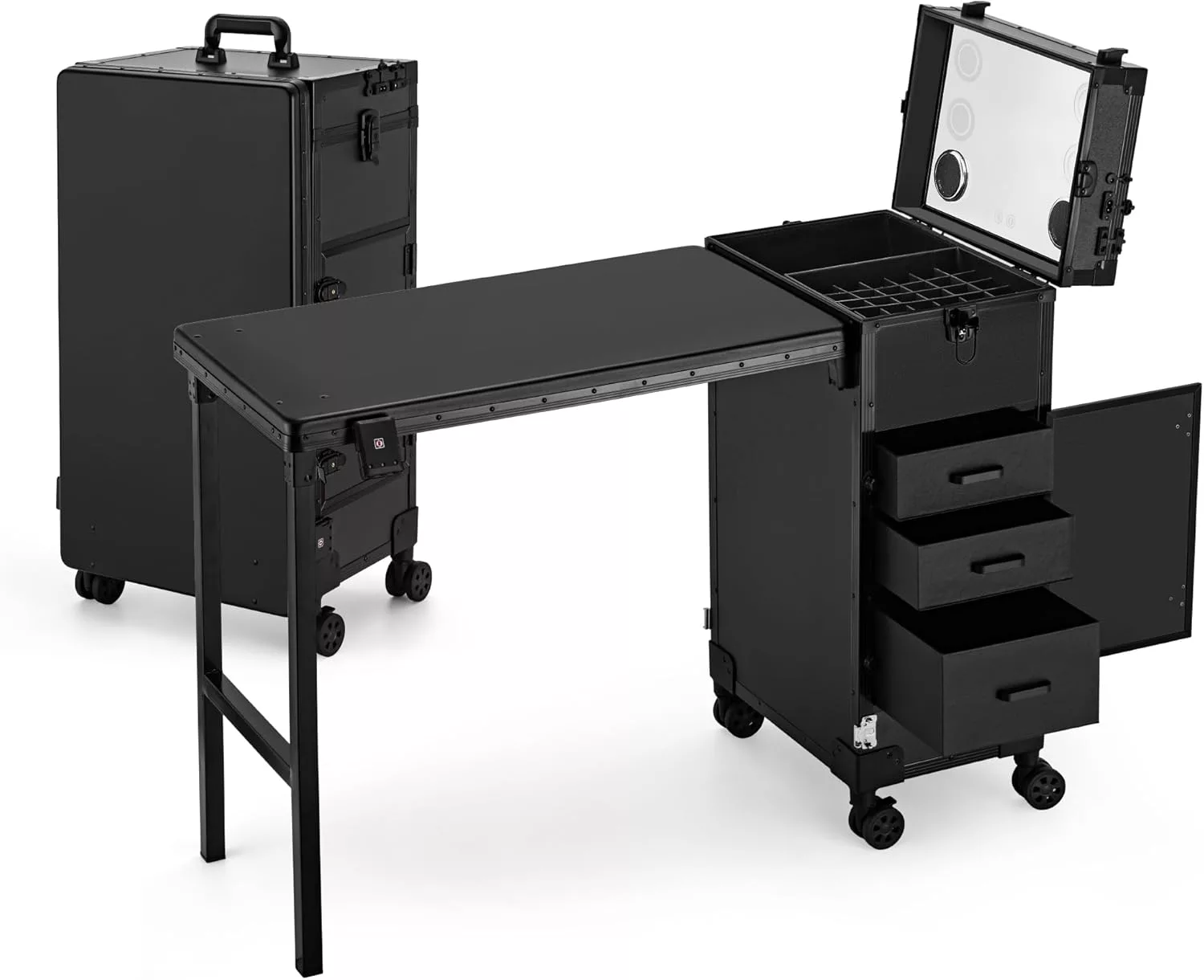 Rolling Manicure Table with Drawers, Bluetooth Speaker, LED Mirror, TSA Lock