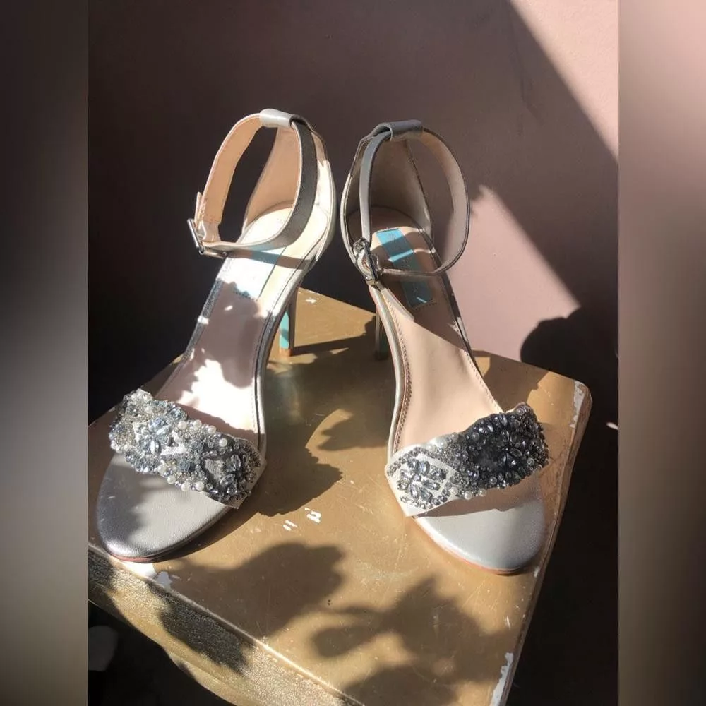 Designer Heels Designer Strap heels pumps. Silver with pearls and stones.