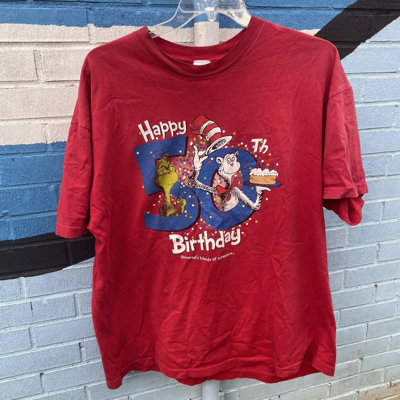 Universal Studios Short Sleeve T Shirts Universal Studios × Vintage Y2K Dr. Seuss Double Sided movie shirt Grinch Cat in Hat Red