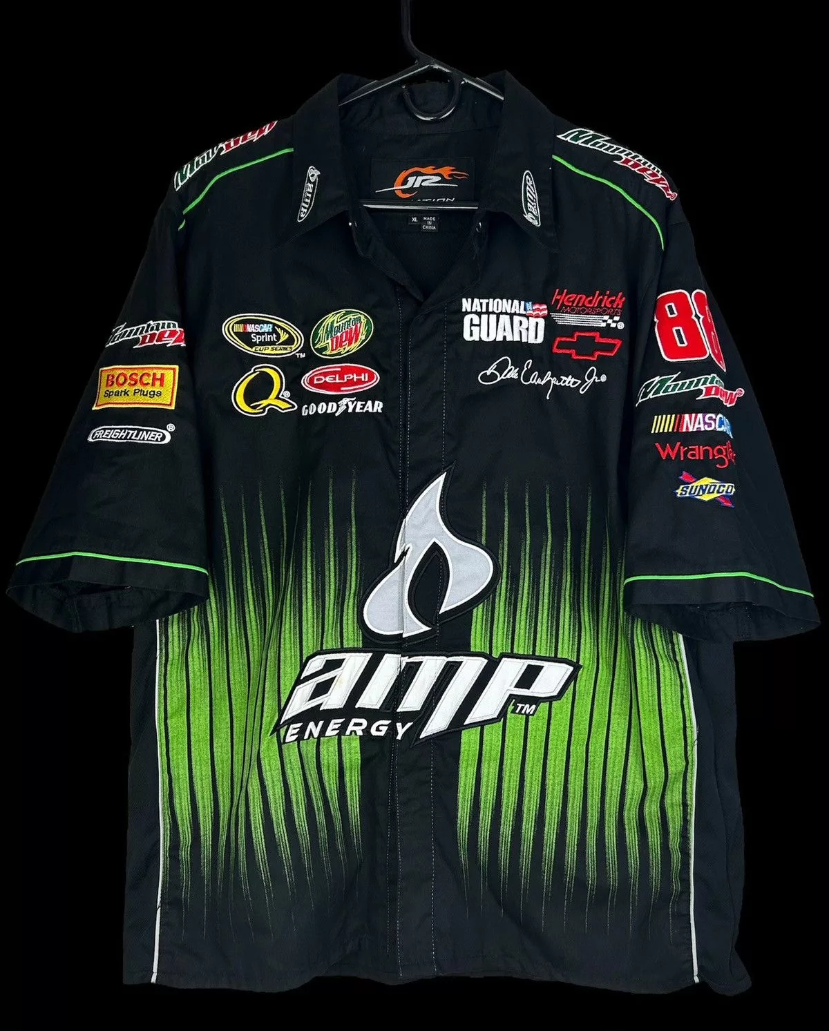 NASCAR Shirts Button Ups NASCAR Dale Earnhardt JR Embroidered Mtn Dew AMP Energy Pit Crew Black Workwear