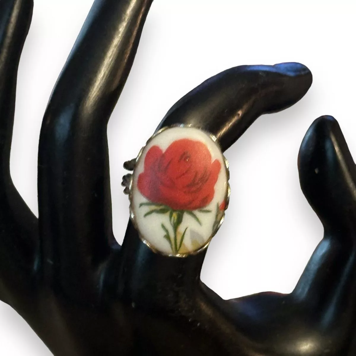 Vintage Rings Vintage porcelain painted rose cuff ring Silver