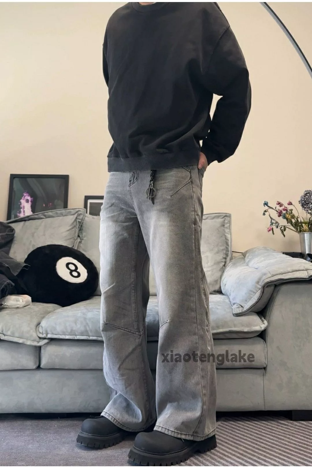 Jean Denim Jean × Vintage washed faded carpenter patchwork flared jeans Gray