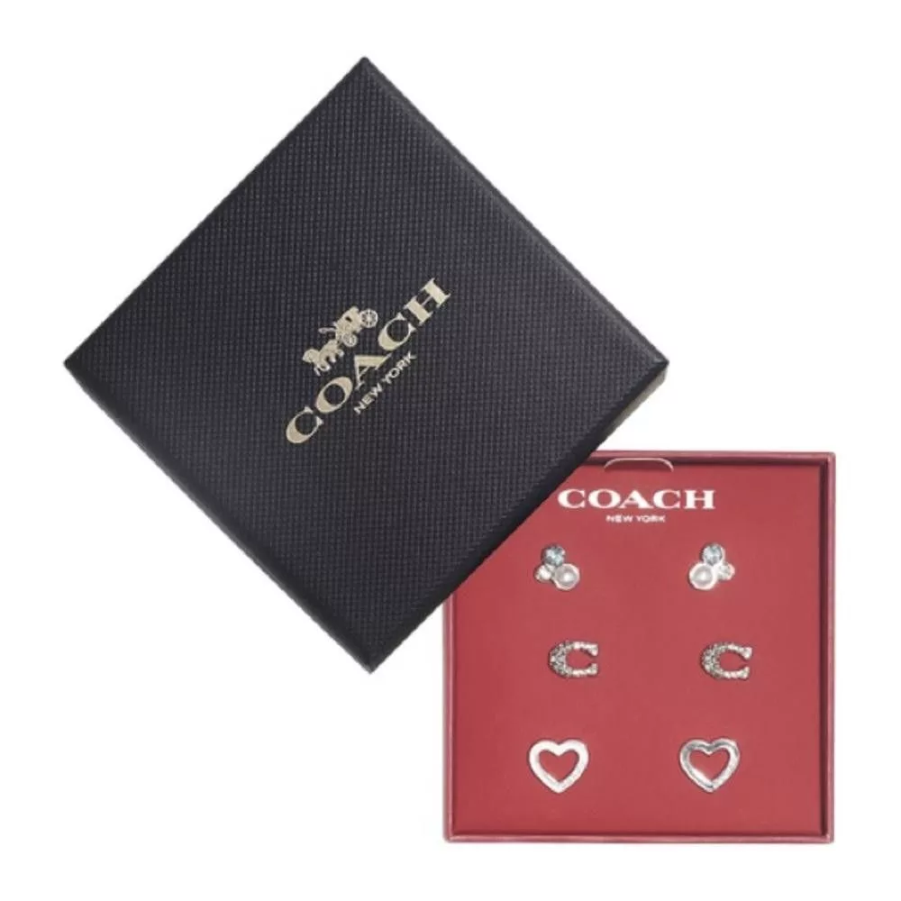 Coach Earrings COACH silver crystal C Stone Heart Earring Stud Set Trio