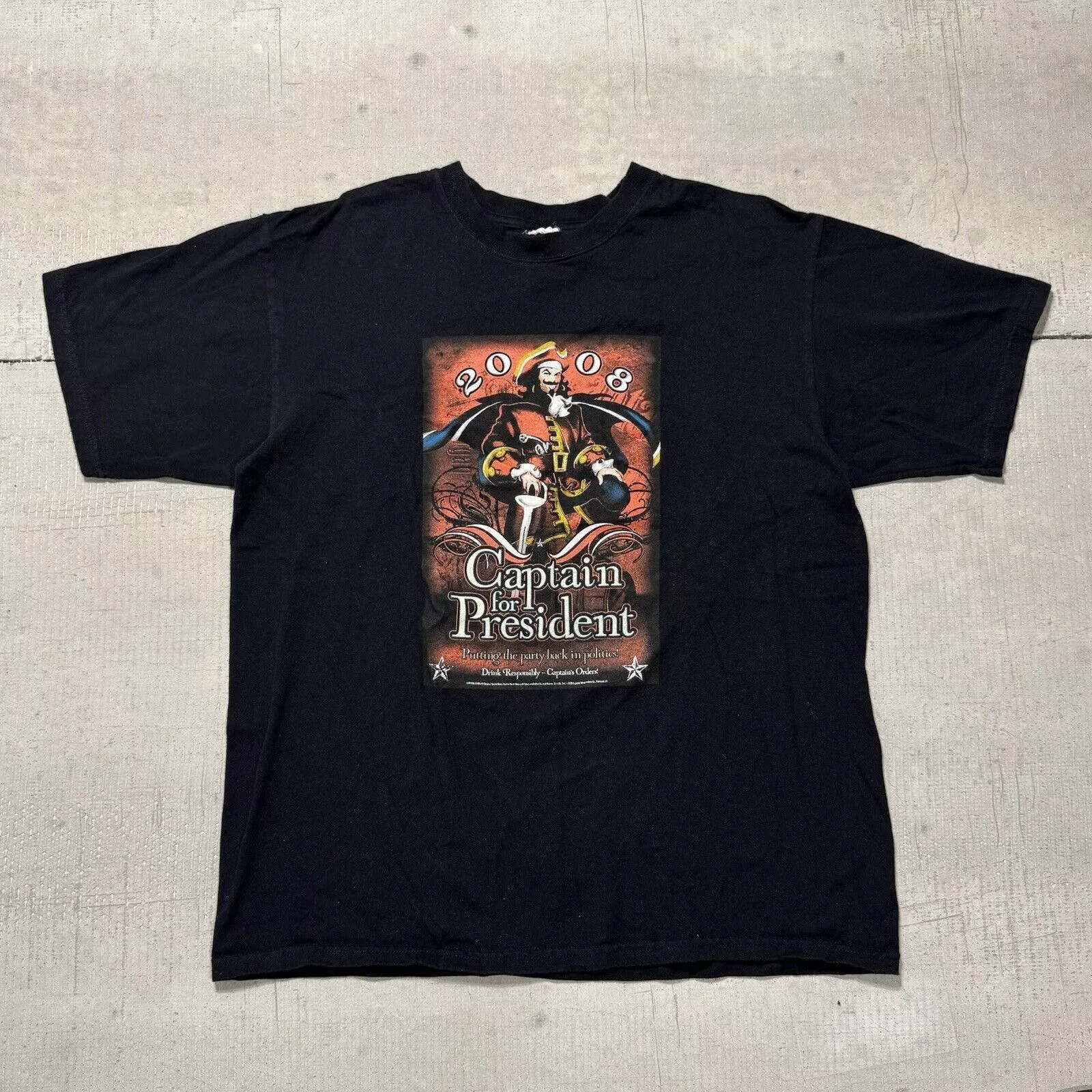 Anvil Short Sleeve T Shirts Anvil × Vintage Vintage Y2K 2008 Captain Morgan For President T Shirt Black Streetwear