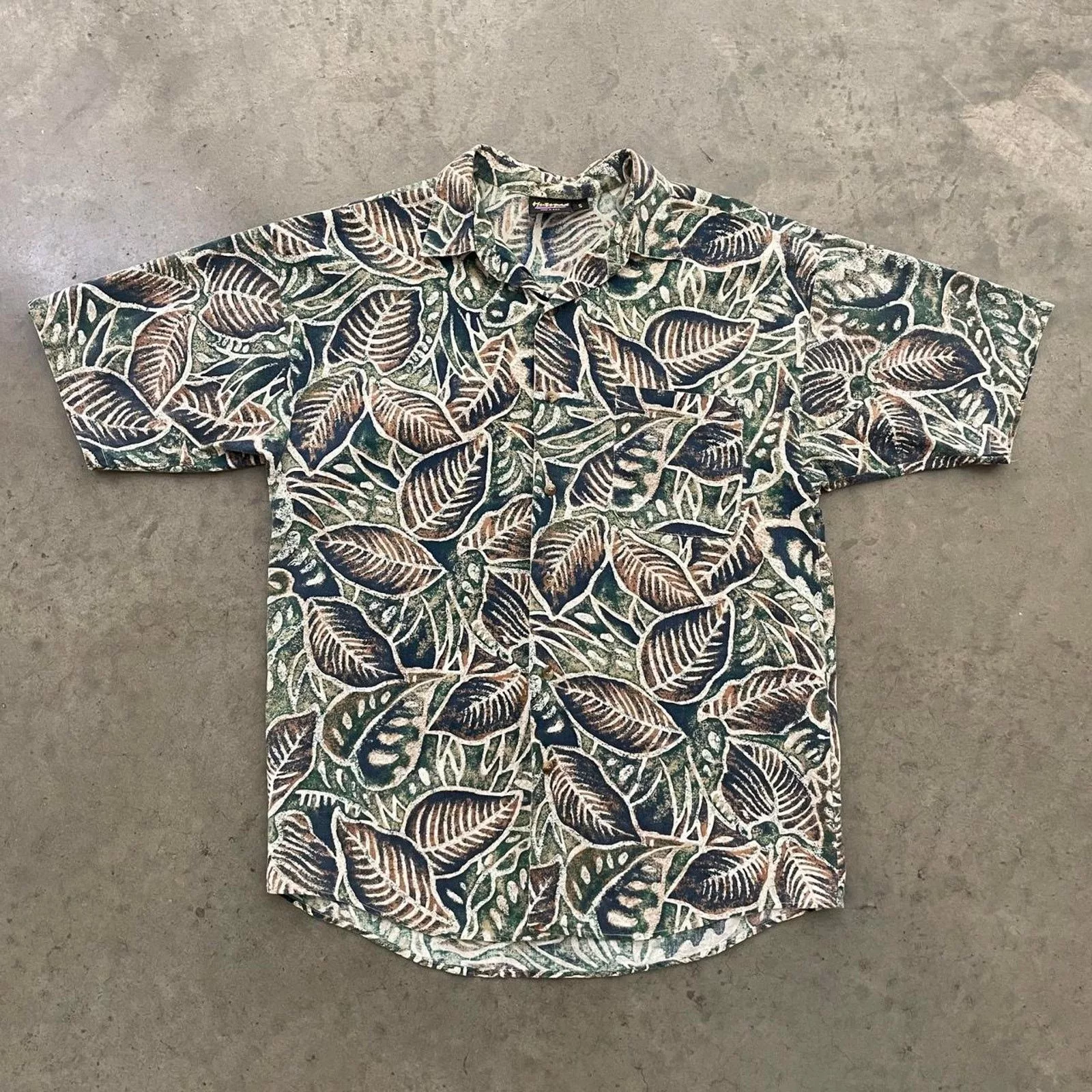Vintage Shirts Button Ups Vintage Hutspah Navy and Green Floral Hawaiian Shirt Blue