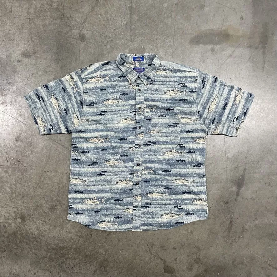 Pendleton Shirts Button Ups Vintage Pendleton Fishing Patterned Button Up Shirt 90s Blue