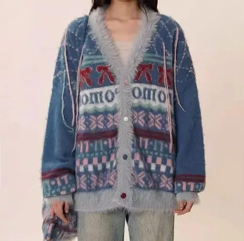 Japanese Brand Sweaters Japanese Brand × Vintage Vintage bow jacquard knitted cardigan sweater Blue