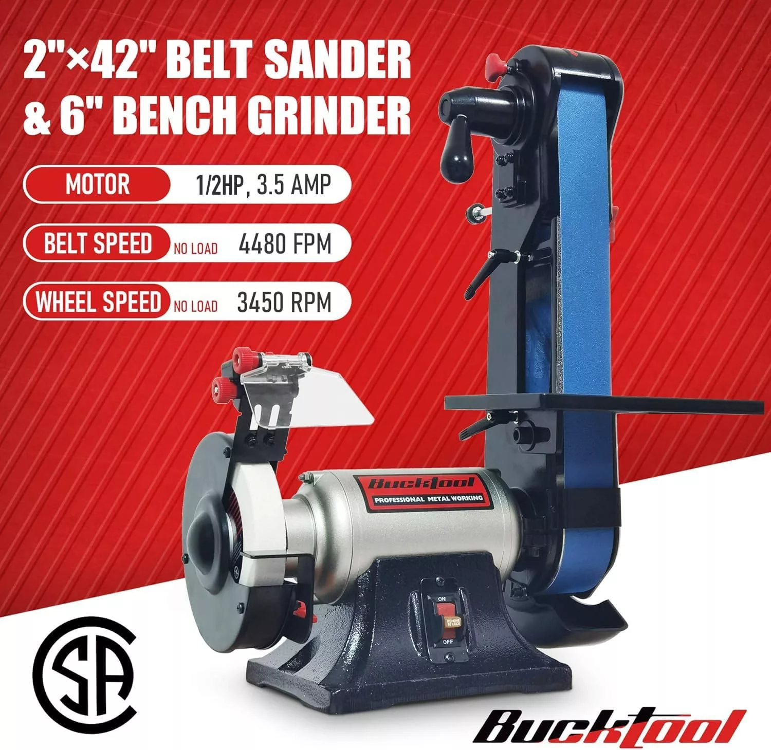 Bucktool Combo 2 x 42" Belt Sander 6" Bench Grinder