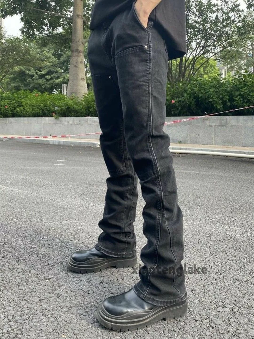Jean Denim Jean × Vintage washed faded workwear carpenter patchwork flared jeans Black