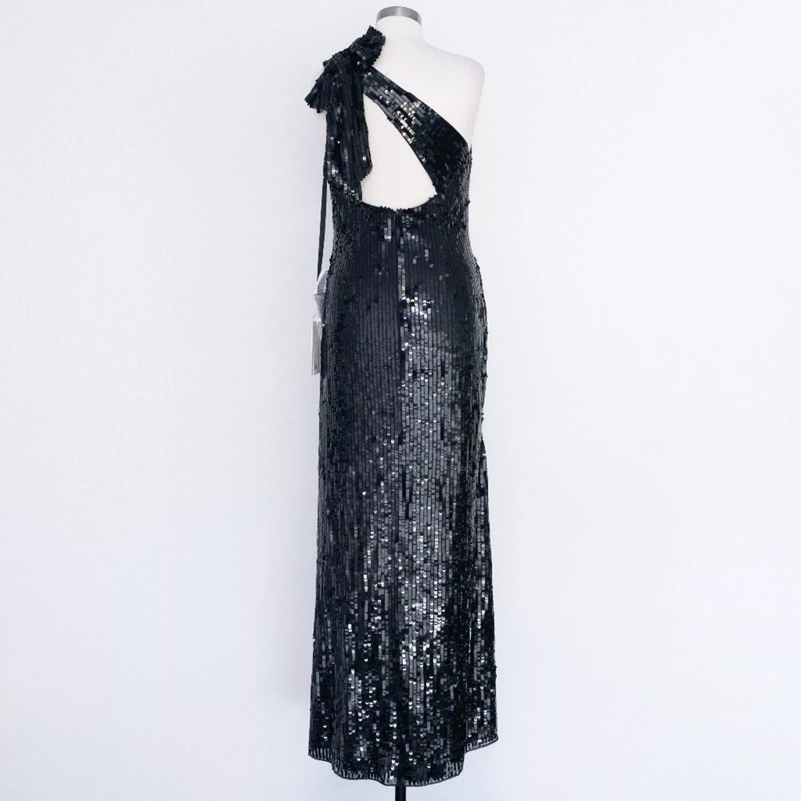 Designer Midi Dresses Designer Mac Duggal. Sequined One Shoulder Back Bow Detail Gown. Black