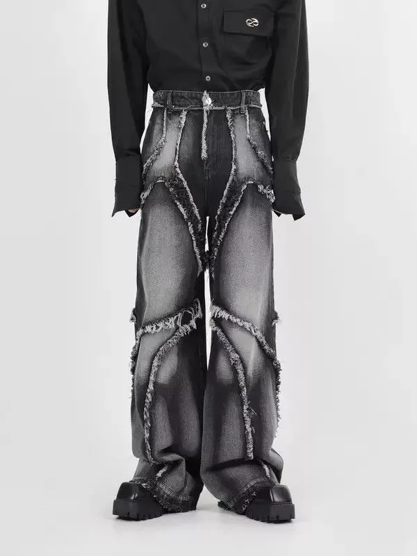 Ring Of Fire Denim Ring Of Fire Vintage washed distressed fringed micro-flare jeans Black Avant-Garde