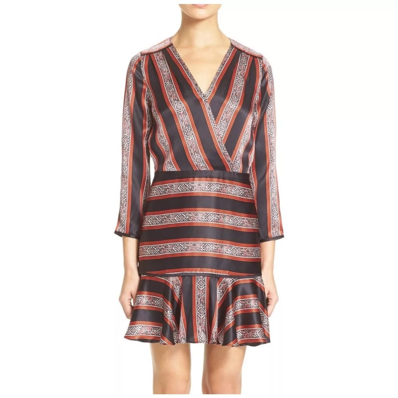 Veronica Beard Mini Dresses Veronica Beard Ivy Flounce Silk Mini Dress Printed Striped Black