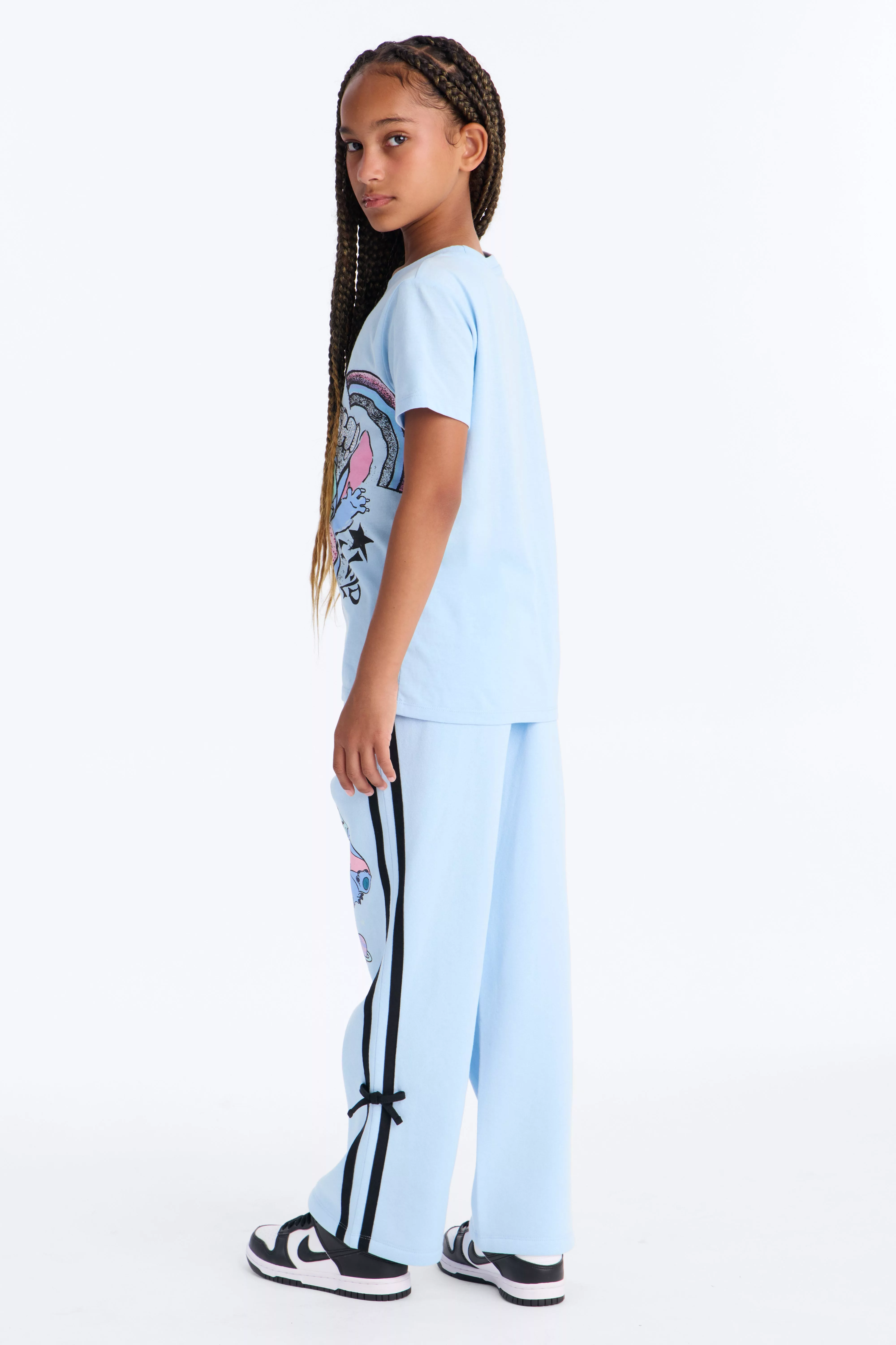 Mini Stitch Graffiti Wide Leg Pant Set - Light Blue