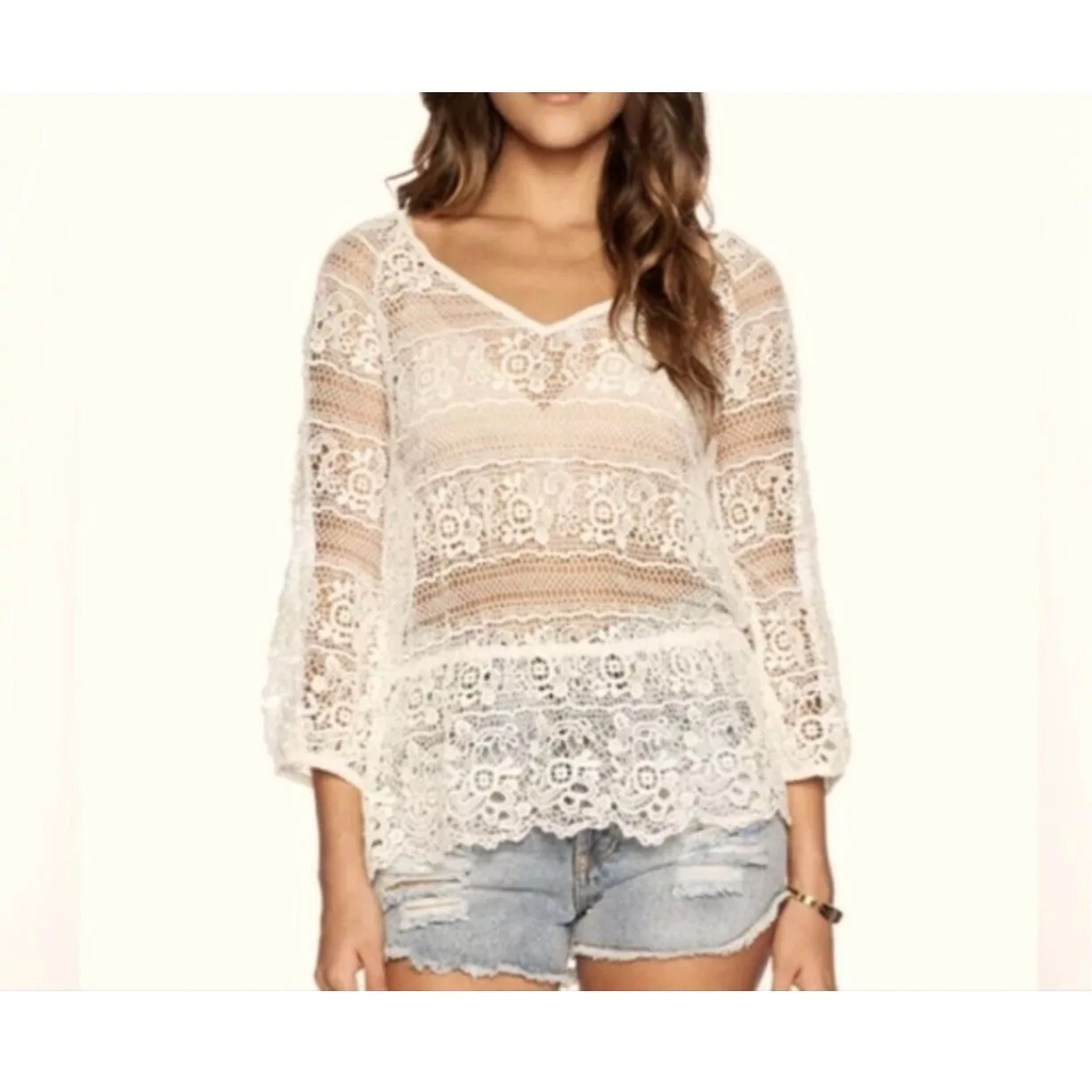 Free People Blouses Free People Crochet Lace Boho Peplum Top size L White