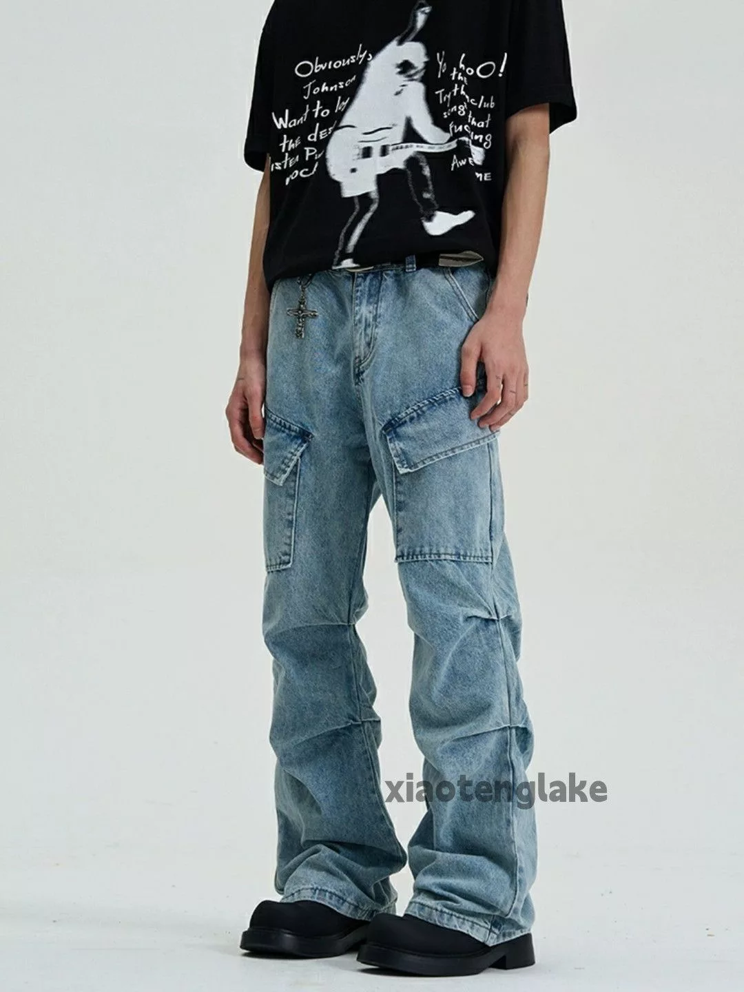 Jean Denim Jean × Vintage washed faded pleated punk grunge flared cargo jeans Blue