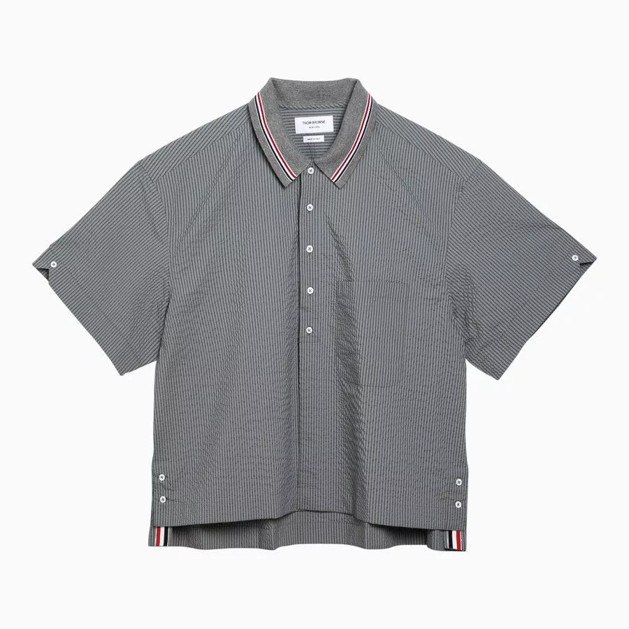 Thom Browne Short Sleeve T Shirts Thom Browne o1d2blof0724 Striped Short-sleeved Shirt in Grey Gray